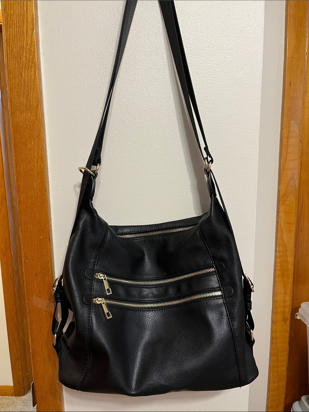 Sondra Roberts Black Pebbled Leather-Style  Hobo/Backpack with Gold Zippers